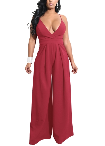 

Women Wide Leg Jumpsuit Deep V Neck Tied Bow Open Back High Waist Casual Playsuit Rompers