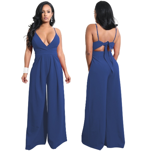 

Women Wide Leg Jumpsuit Deep V Neck Tied Bow Open Back High Waist Casual Playsuit Rompers