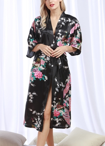 

Faux Silk Satin Floral Birds Print Open Front Midi Robe Kimono