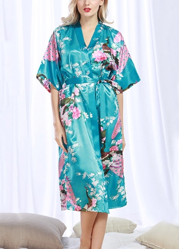 

Faux Silk Satin Floral Birds Print Open Front Midi Robe Kimono