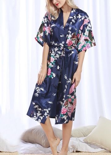 

Faux Silk Satin Floral Birds Print Open Front Midi Robe Kimono