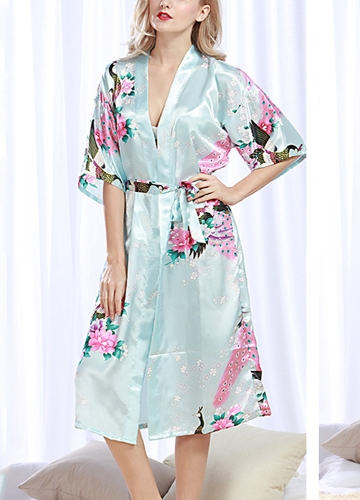 

Faux Silk Satin Floral Birds Print Open Front Midi Robe Kimono