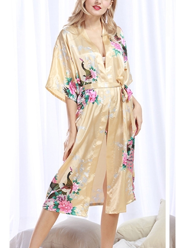 

Faux Silk Satin Floral Birds Print Open Front Midi Robe Kimono