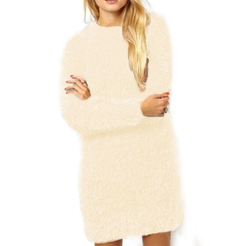 

Faux Fur Fluffy Hairy Round Neck Mini Women Dress
