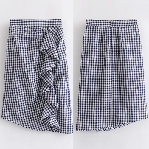 

Fashion Women Plaid Skirt Ruffles Asymmetrical High Waist Checked Slim Skirt Black