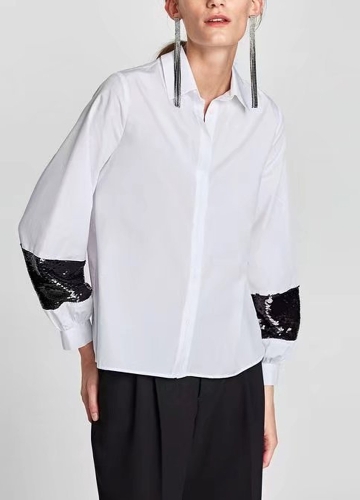 

Women Sequins Shirt Turn-Down Collar Long Sleeve Casual Loose Blouse