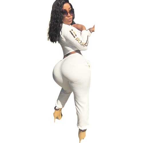

New Fashion Women Letter Print Two-Piece Set Hooded Crop Top Long Sleeve High Waist Pants Outfits Tracksuits White