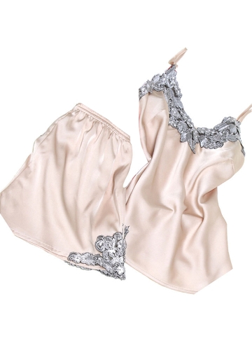 

Silk Satin Crochet Lace Sleeveless V-neck Pajama Set