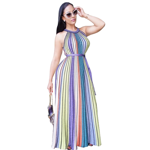 Mulheres Stripe Maxi Dress Contraste Halter Neck Sleeveless Nightclub Party Vestido Longo Roxo