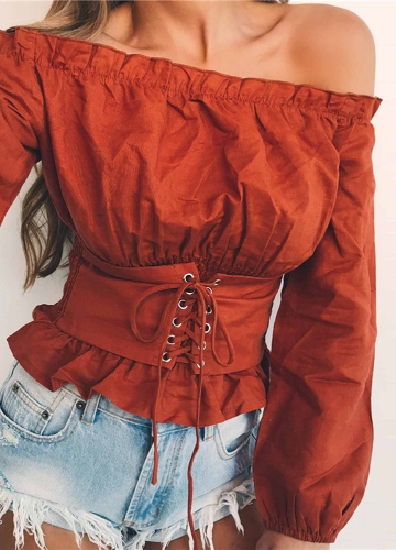 

Women Crop Top Off-The-Shoulder Lace Up Bandage Long Sleeve Blouse