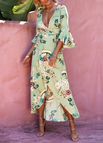 

Women Floral Wrapped Maxi Dress Tie Waist Flare Sleeve Split Party Dress