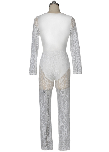 

Sexy Women Slim Jumpsuit Sheer Lack Hollow Out Deep V-Neck Long Sleeves Romper Body Suits Clubwear