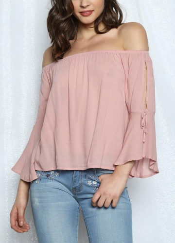 

Women Off The Shoulder Flare Sleeve Blouse Solid Loose Top