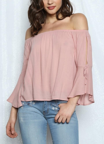 

Sexy Women Off The Shoulder Flare Sleeve Blouse Slash Neck Three Quarter Sleeve Solid Loose Top Pink