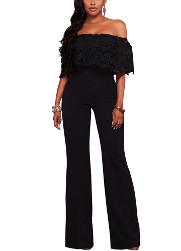 

Women Jumpsuit Lace Off the Shoulder Bodysuit Slash Neck Wide Leg Trousers