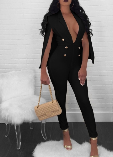 

Cape V Neck Buttons Backless Sleeveless Solid Women Jumpsuit