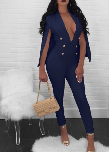 

Cape V Neck Buttons Backless Sleeveless Solid Women Jumpsuit
