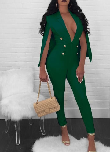 

Cape V Neck Buttons Backless Sleeveless Solid Women Jumpsuit