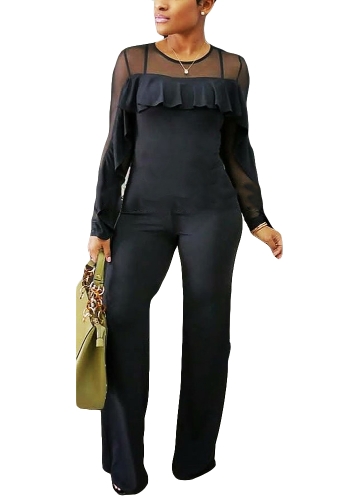

Sheer Mesh Ruffle Trim Back Zipper O Neck Women Jumpsuit
