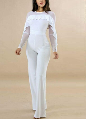 

Sheer Mesh Ruffle Trim Back Zipper O Neck Women Jumpsuit