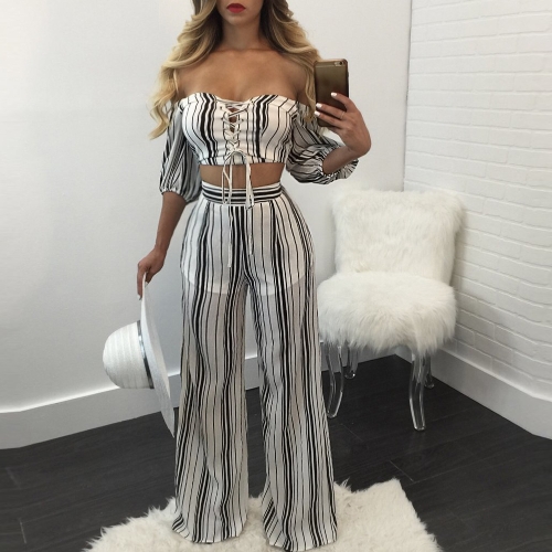 

Striped Lace Up Off the Shoulder Half Sleeve Two Piece Set