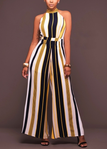 

Striped Wide Leg Jumpsuit Halter Neck Sleeveless High Waist Romper Bodysuit