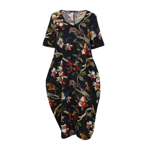 

Vintage Cotton Floral Print Dress Casual Colorful with Pockets Loose Dress