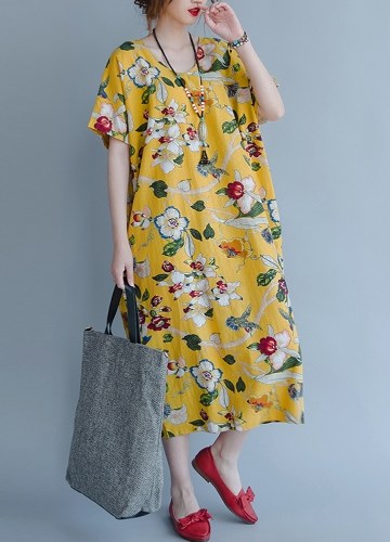 

Vintage Cotton Floral Print Dress Casual Colorful with Pockets Loose Dress