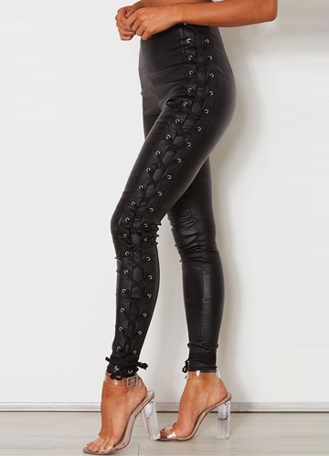 

Women Leather Pants Lace Up Bandage Pencil Pants Elastic Slim Trousers
