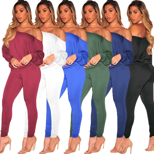 

Sexy Women Solid Two Piece Set Slash Neck Off the Shoulder Long Sleeve Tops & Pants Suit