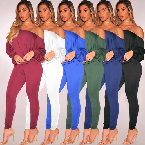 Sexy Women Solid Two Piece Set Slash Neck Off the Shoulder Long Sleeve Tops & Pants Suit