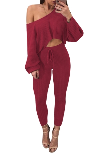 

Women Ribbed One Shoulder Crop Top Drawstring Waist Pants Tracksuit