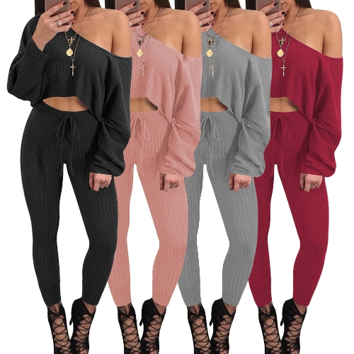 

New Fashion Women Ribbed Two-Piece Set One Shoulder Crop Top Drawstring Waist Pants Tracksuit Outfit