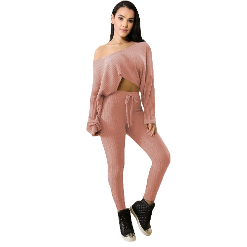 

New Fashion Women Ribbed Two-Piece Set One Shoulder Crop Top Drawstring Waist Pants Tracksuit Outfit