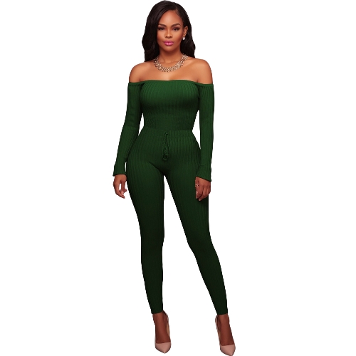 Sexy Frauen weg von der Schulter gestrickt Overall Langarm Drawstring Taille Bodycon Strampler Overalls