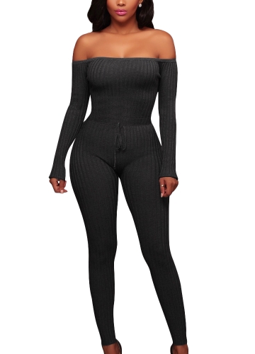 

Женщины с плеча Трикотажные комбинезоны с длинным рукавом Drawstring Талия Bodycon Rompers