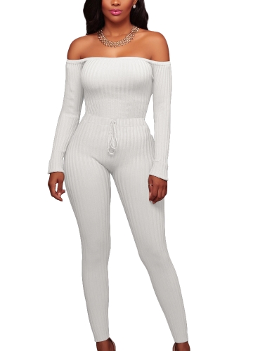 

Женщины с плеча Трикотажные комбинезоны с длинным рукавом Drawstring Талия Bodycon Rompers