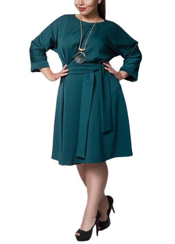 

Plus Size Solid Color Round Neck Self Tie Midi One-Piece