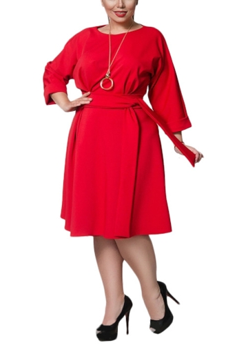 

Plus Size Solid Color Round Neck Self Tie Midi One-Piece