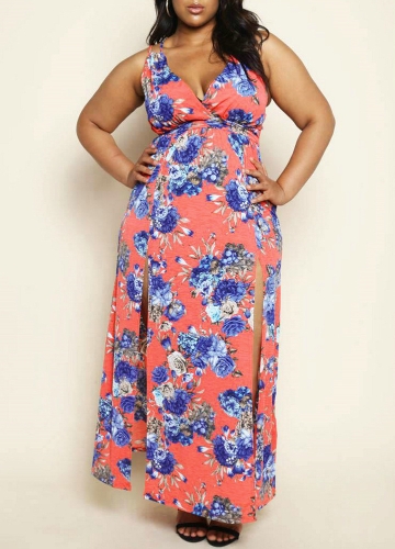 

Women Plus Size Long Dress Floral Print Split Bandage Maxi Slip Dress