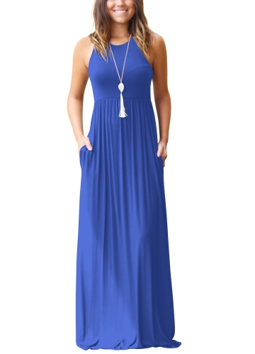 

Твердый круглый шею без рукавов Racer Назад Плиссированные карманы Maxi Gown Dress
