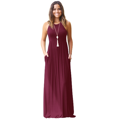 Vestido de las mujeres Solid cuello redondo sin mangas Racer Back cintura alta bolsillos plisados ​​Maxi Gown Casual de una sola pieza