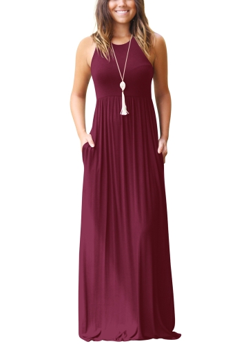 

Solid Round Neck Sleeveless Racer Back Pleated Pockets Maxi Gown Dress