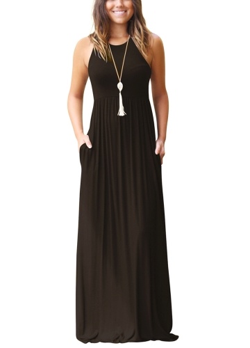 

Solid Round Neck Sleeveless Racer Back Pleated Pockets Maxi Gown Dress