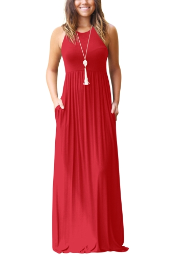 

Solid Round Neck Sleeveless Racer Back Pleated Pockets Maxi Gown Dress