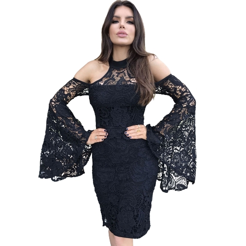 Frauen Spitzenkleid Schulterfrei Aushöhlen Flare Sleeve Split Bodycon Nachtclub Partei Bleistift Kleid Schwarz