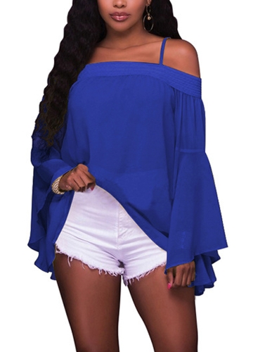 

Off the Shoulder Chiffon Bardot Neck Flare Sleeve Loose Blouse