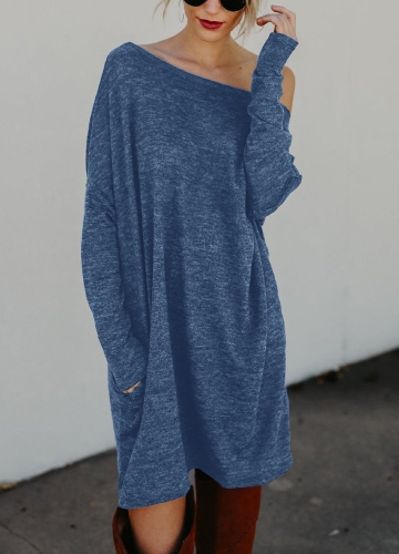 

Women Loose Knit Sweater Dress Long Sleeves Pockets Party Mini Straight Dress