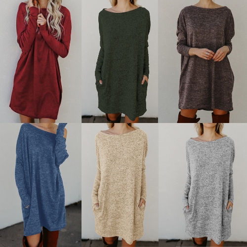 

Sexy Women Loose Knit Sweater Dress Длинные рукава карманы сплошные случайные партии мини прямые платья