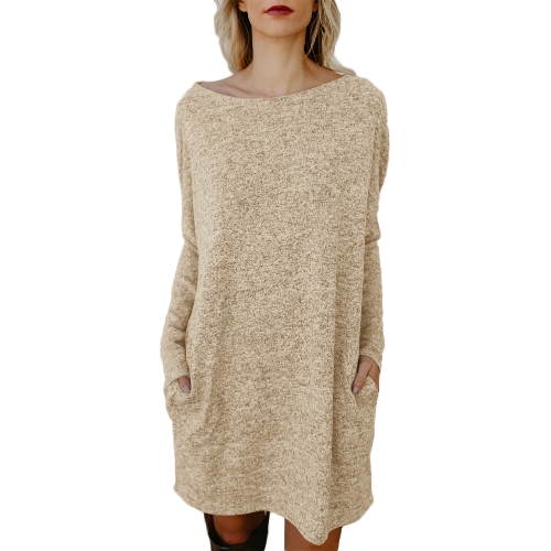 

Женщины Loose Knit Sweater Dress Long Sleeves Pockets Party Mini Straight Dress